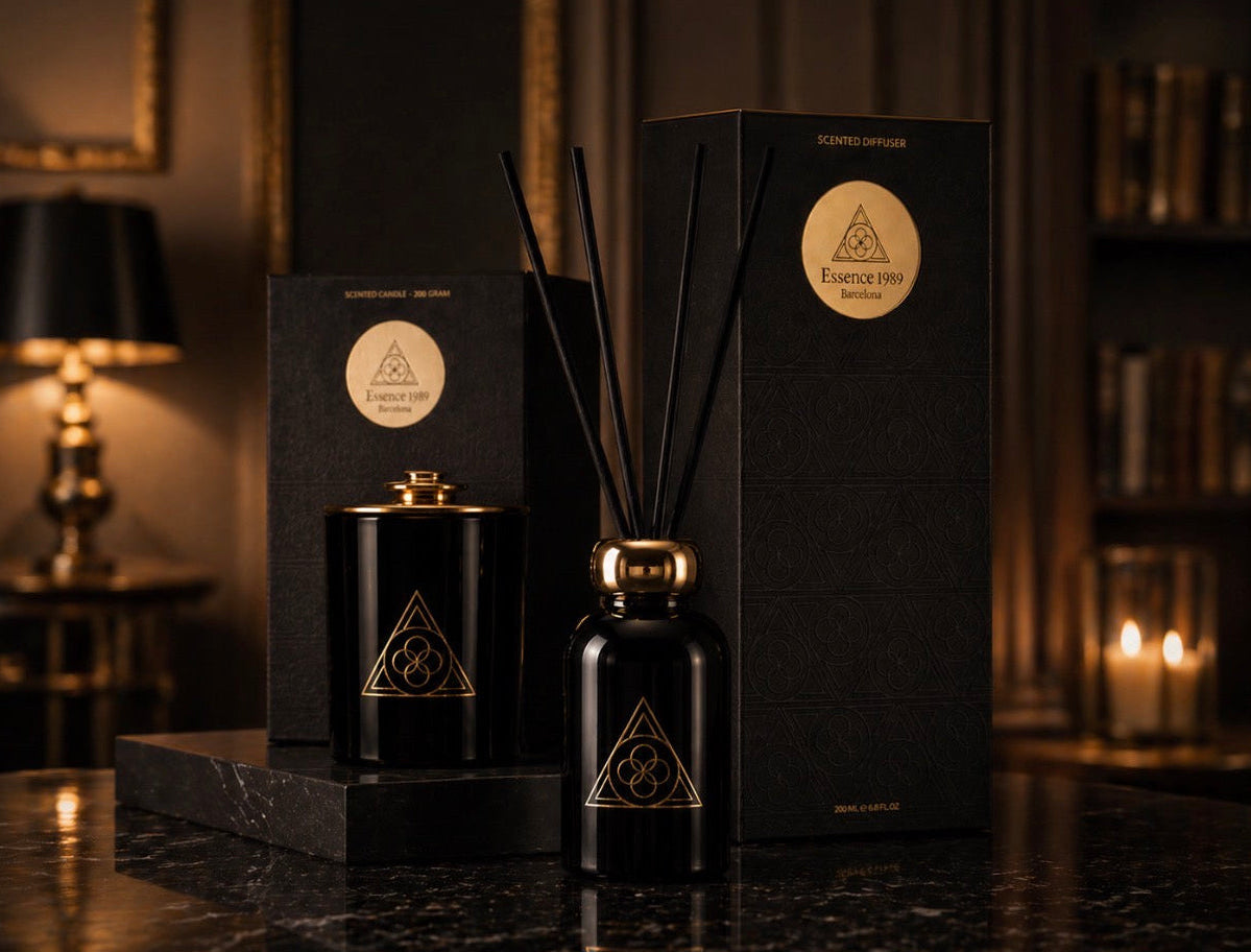 coffret parfum luxe ambiance intérieure élégante bougie et diffuseur noir or