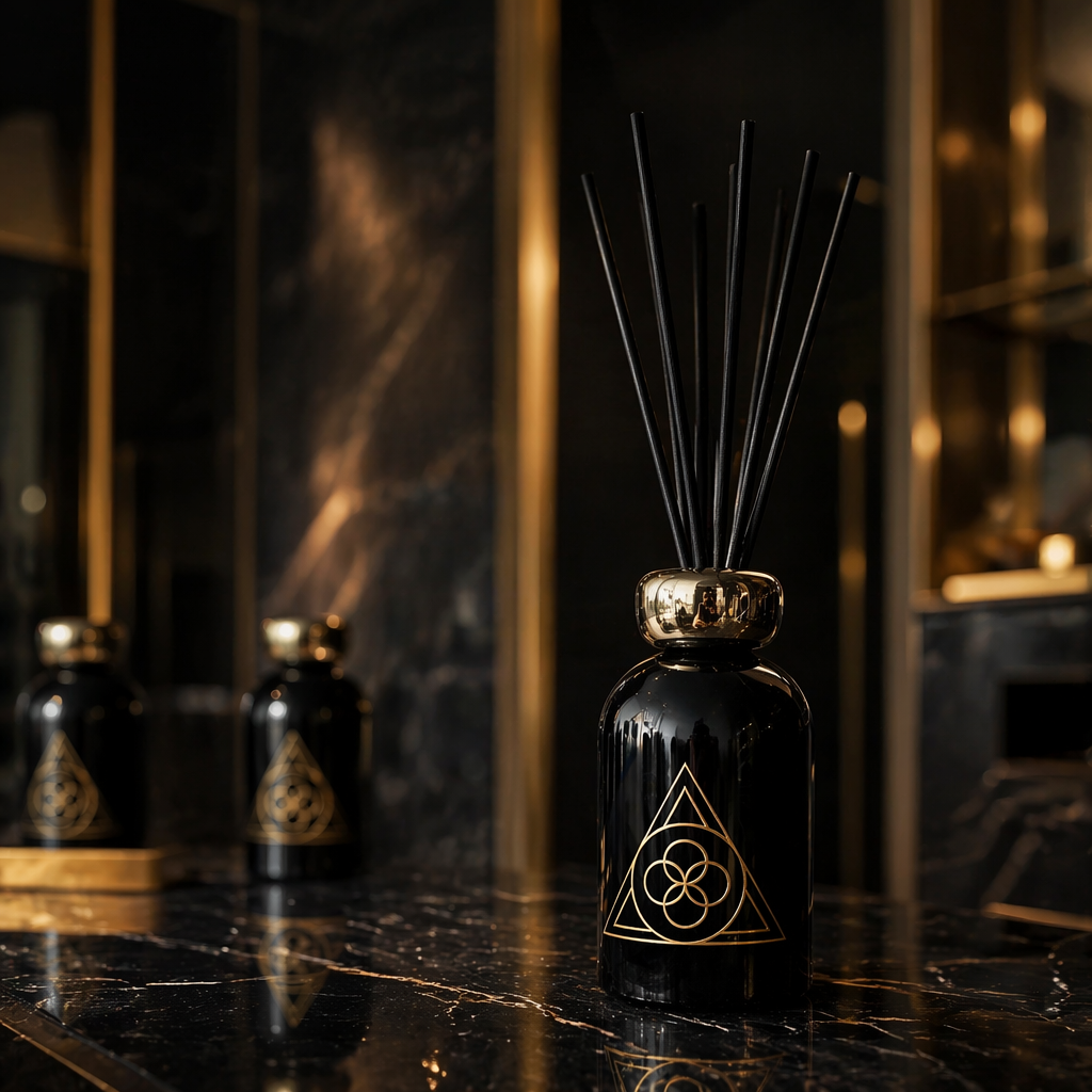 diffuseur parfum luxe noir et or sur marbre ambiance élégante intérieure