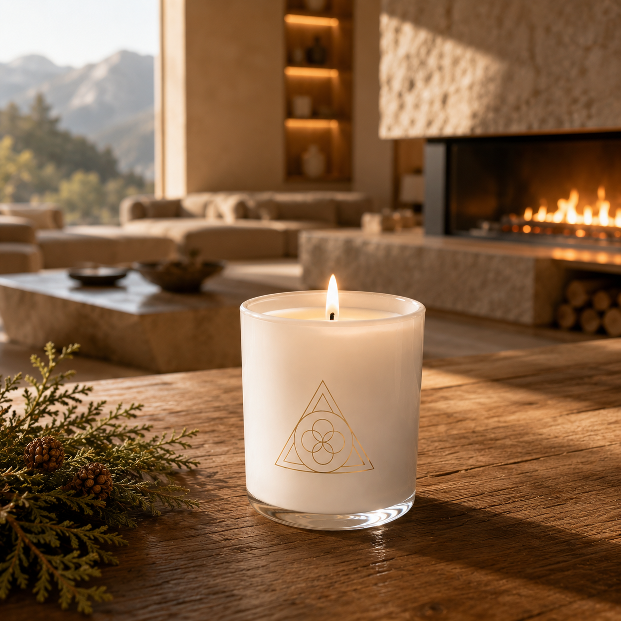 Cedar Scented Candle ESSENCE 1989 lit on wooden table